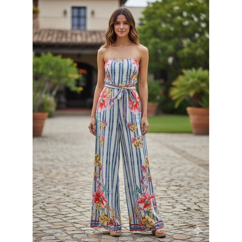 Flying Tomato Womens Jumpsuit Strapless Wide Leg‎ Floral Stripe Belted Size M